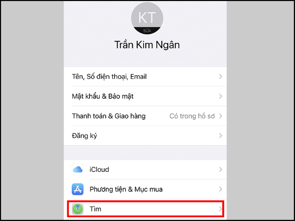 Chọn mục Tìm (Find My)