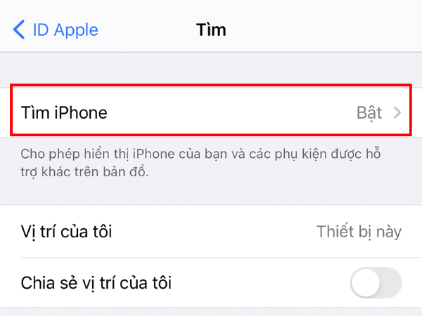 Bật mục Tìm iPhone