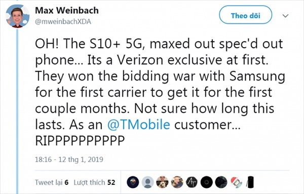 Thông tin về Galaxy S10 5G được đăng tải bởi Max Weinbach