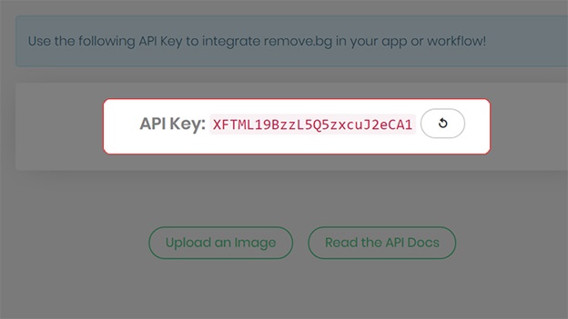 Khi thực hiện thành công, bạn sẽ nhận được một dãy ký tự - đây là mã API dùng để khởi động phần mềm Remove.bg