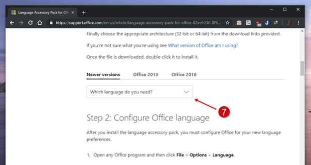 Trình duyệt web sẽ bắt đầu khởi chạy và truy cập vào trang tải ngôn ngữ của Microsoft Office, bạn chọn mục Which language do you need?