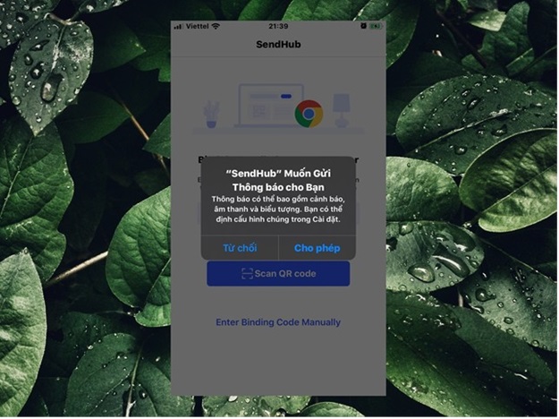 Bước 2: Khởi động SendHub và cấp phép cho ứng dụng hiển thị thông báo