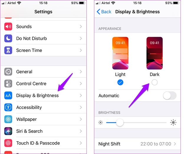 Vào “Hiển thị và độ sáng” là 1 cách bật chế độ tối trên iOS 13