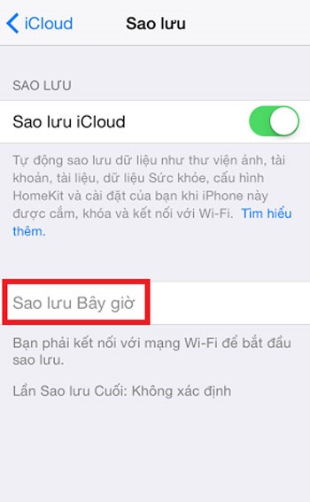 Tiếp tục chọn mục Sao lưu bây giờ để thực hiện đồng bộ hóa dữ liệu qua  iCloud.