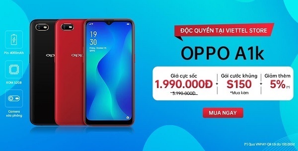 Mua OPPO A1k giá cực sốc chỉ 1.990.000đ độc quyền tại Viettel Store