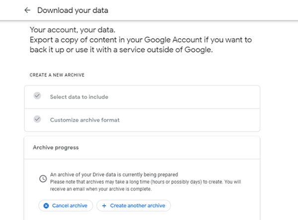 Việc tải dữ liệu được bắt đầu và sau khi hoàn thành xong Google sẽ gửi lại mail thông báo cho bạn và liên kết tải tệp tin