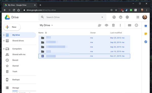Chọn tất cả dữ liệu trên Google Drive