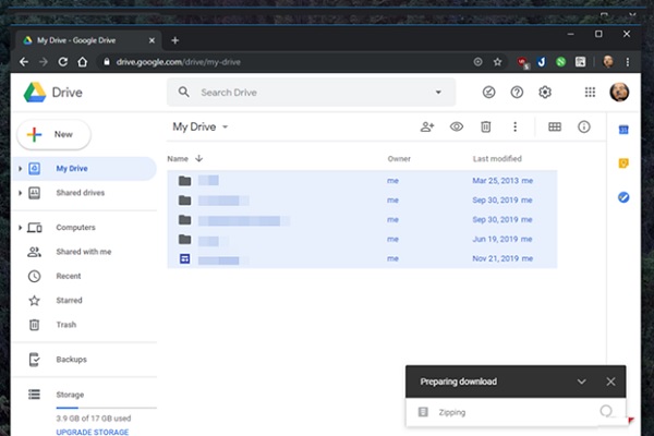 Tất cả các tập tin trên Google Drive sẽ được nén thành 1 tập tin ZIP