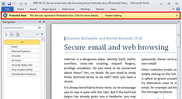 Chế độ Protected View trên Word 2010 được trang bị để bảo vệ nội dung tài liệu