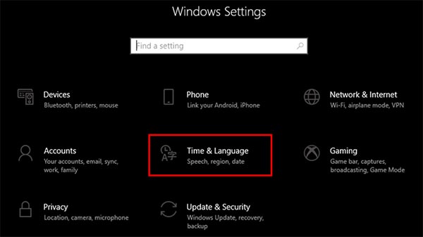 Mở mục Time & Language tại giao diện Settings