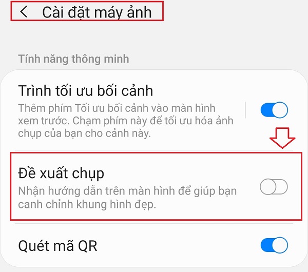 Đối với giao diện tiếng Việt, người dùng hãy vào phần Cài đặt máy ảnh > Đề xuất chụp để kích hoạt tính năng hữu ích này trên Galaxy A51