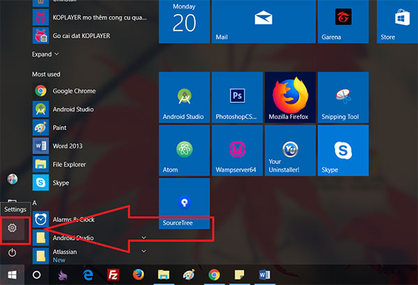 Mở mục Cài đặt Settings tại menu Start