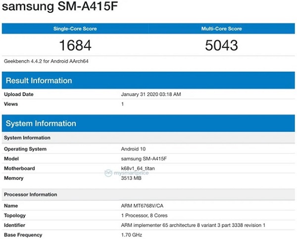 Đánh giá hiệu năng Samsung Galaxy A41 trên trang Geekbench