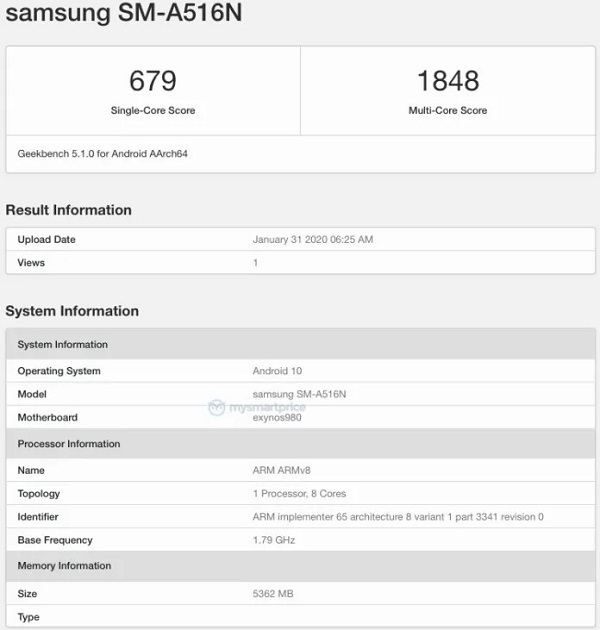 Samsung Galaxy A51 5G xuất hiện trên cơ sở dữ liệu Geekbench