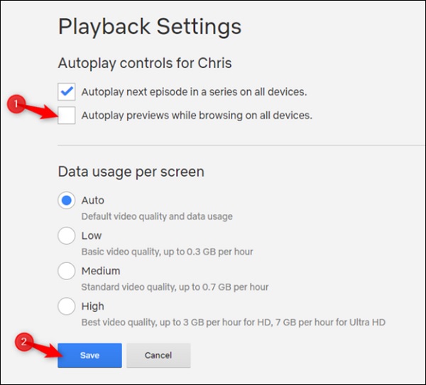 Tích bỏ chọn mục Autoplay previews while browsing on all devices > chọn Save để lưu thay đổi