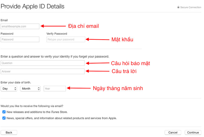 Nhập đầy đủ và chính xác thông tin cá nhân để đăng ký tài khoản ID Apple