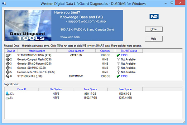 Phần mềm Western Digital Data LifeGuard Diagnostics kiểm tra ổ cứng