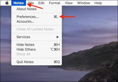Chọn mục Preferences trong mục Notes