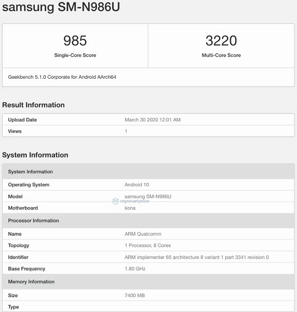 Thông tin về Note 20+ 5G rò rỉ trên Geekbench