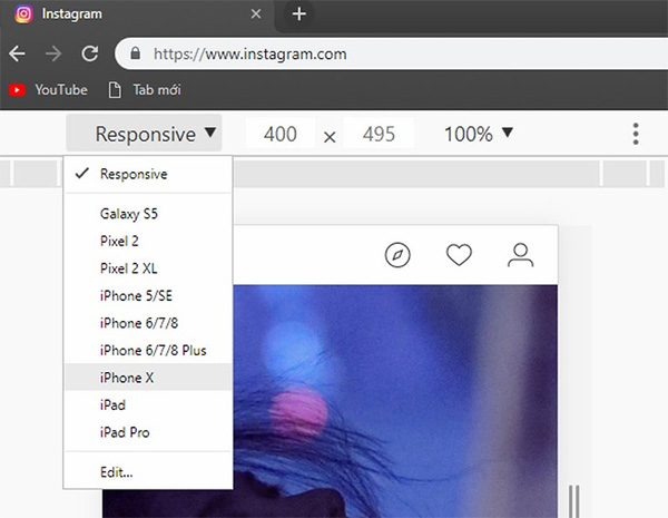 Truy cập vào trang chủ của Instagram trên web bằng trình duyệt Firefox và chọn thiết bị