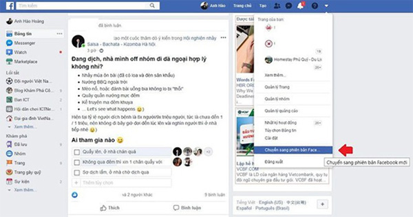Kích hoạt giao diện Facebook 2020: chọn mũi tên ở thanh công cụ chính > chọn  “Chuyển sang phiên bản Facebook mới”