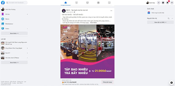 Giao diện Facebook 2020 trên trình duyệt web với chế độ nền trắng cơ bản