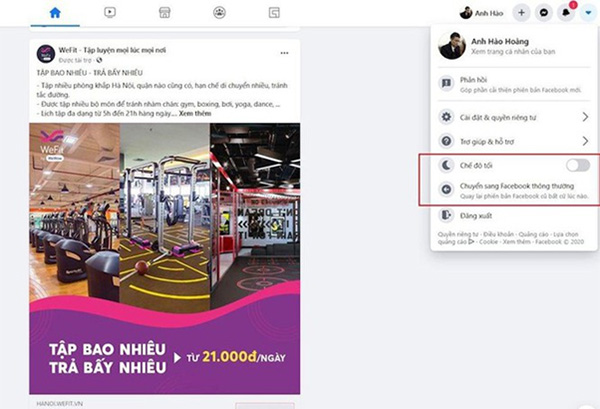 Chọn mũi tên trên thanh công cụ > Bật chế độ tối hoặc Chuyển sang Facebook thông thường 