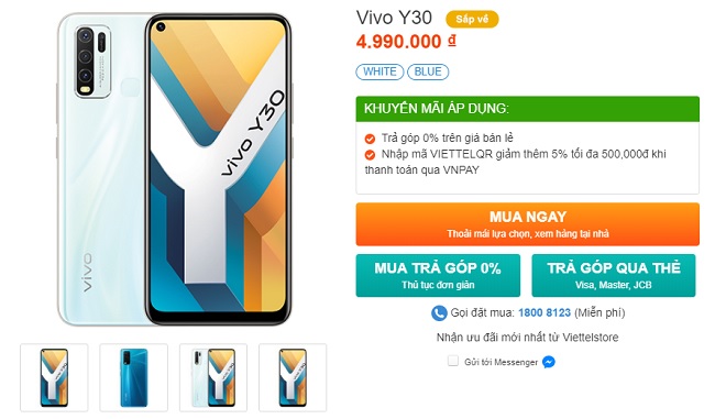 Giá bán Vivo Y30 chính thức là 4.990.000 đồng