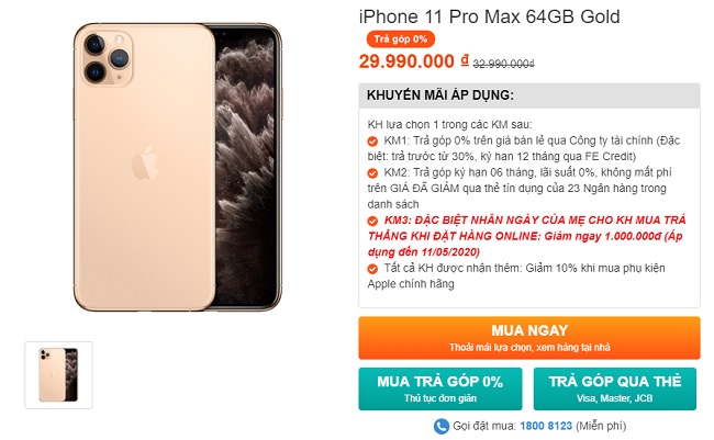iPhone 11 Pro Max 64GB Gold có giá hấp dẫn