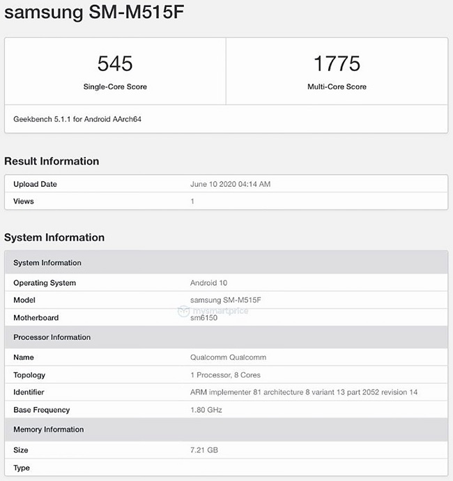Galaxy M51 lộ diện cấu hình và hiệu năng trên phần mềm Geekbench