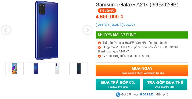 Samsung Galaxy A21s giá 4.690.000 đồng, mở bán trên toàn hệ thống siêu thị Viettel Store