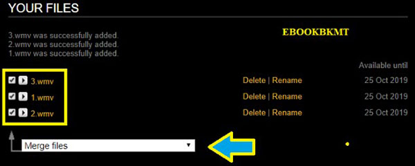 Trong ô Select action tiếp tục chọn lệnh Merge files