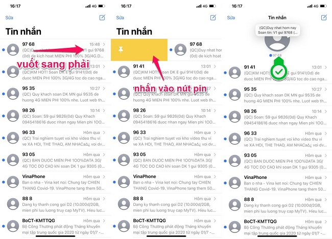 Cách vuốt để ghim tin nhắn trên ứng dụng Messages