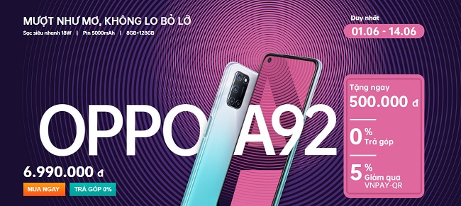 OPPO A92 mở bán chính thức tại Viettel Store: giá 6.990.000 đồng, cùng các ưu đãi hấp đẫn