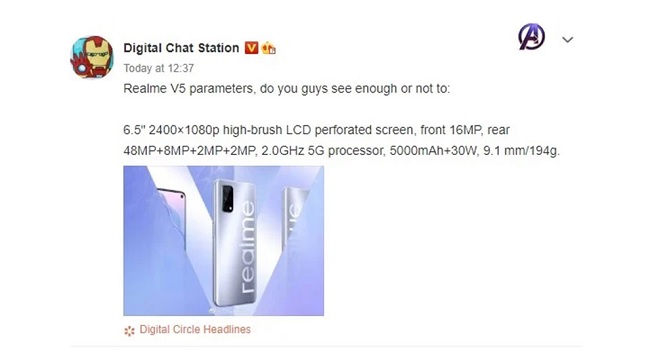 Rò rỉ cấu hình Realme V5 trên trang mạng xã hội Weibo
