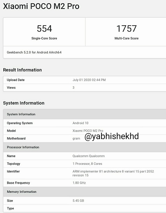 Đánh giá hiệu năng Xiaomi POCO M2 Pro trên phần mềm Geekbench