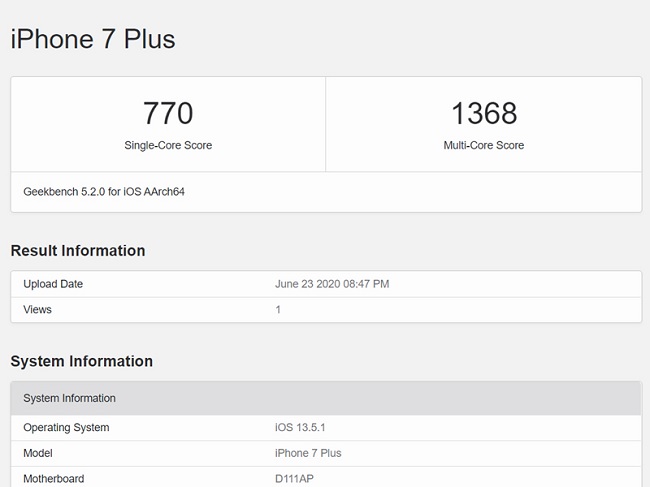 Điểm hiệu năng của iPhone 7 Plus qua phần mềm Geekbench