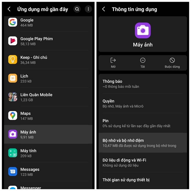 Xóa bộ nhớ trong ứng dụng máy ảnh