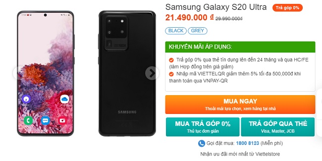 Giá bán Samsung Galaxy S20 Ultra tại Viettel Store thời điểm hiện tại