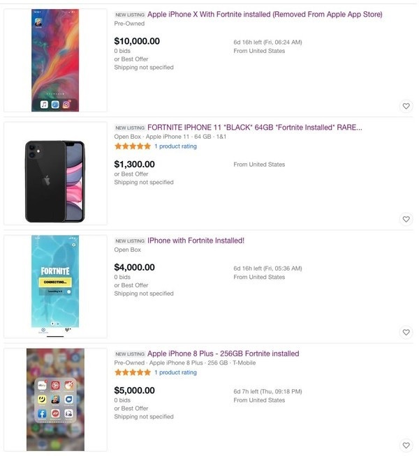 Giá rao bán iPhone cài đặt sẵn tựa game Fortnite trên eBay