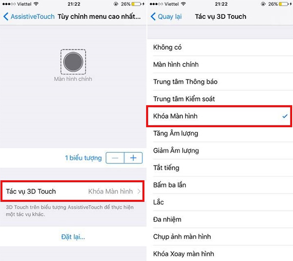 Chọn mục Khóa màn hình trong mục Tác vụ 3D Touch