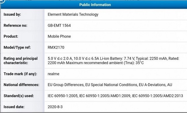 Tài liệu rò rỉ cho biết pin của Realme 7 Pro dung lượng 4.500mAh