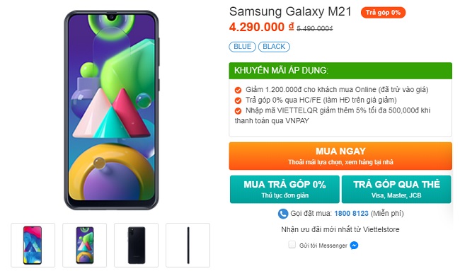 Giá bán Samsung Galaxy M21 tại Viettel Store