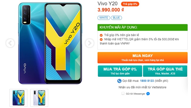 Giá bán Vivo Y20 cùng ưu đãi hấp dẫn tại Viettel Store