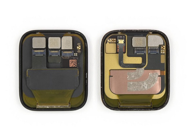 Miếng đệm Force Touch đã biến mất, giúp Apple có thể trang bị một viên pin lớn hơn. (Series 6 bên phải, Series 5 bên trái)
