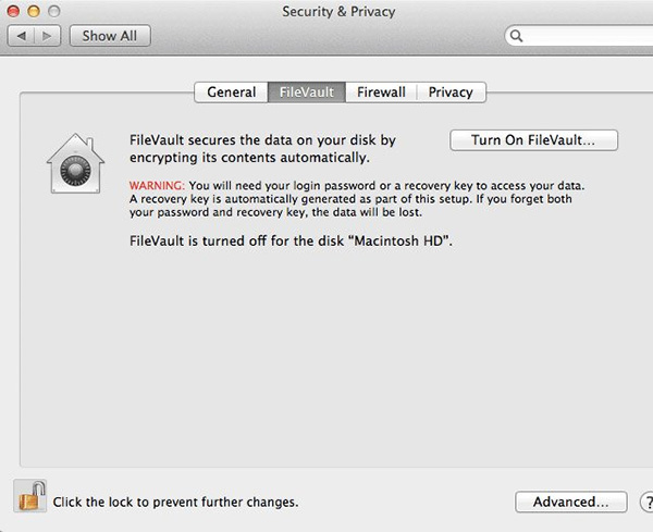 Tắt FileVault để MacOS không bị mất dữ liệu 