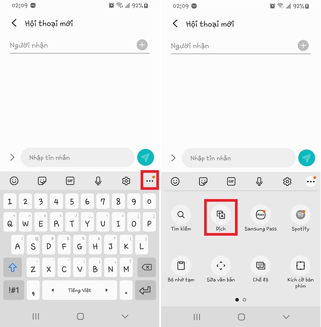 Chọn tính năng dịch trong bàn phím điện thoại Samsung