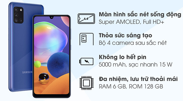 Galaxy A31 được trang bị tới 4 camera sau, camera chính 64MP