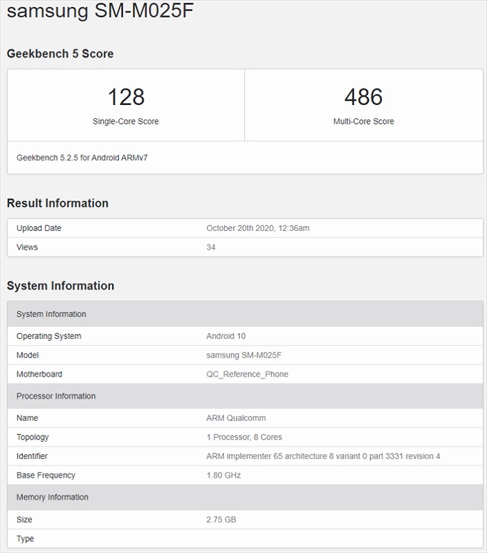 Điểm hiệu năng và cấu hình Galaxy M02 trên Geekbench