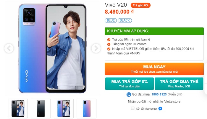 Vivo V20 có mức giá 8.490.000 đồng tại Viettel Store cùng các ưu đãi hấp dẫn